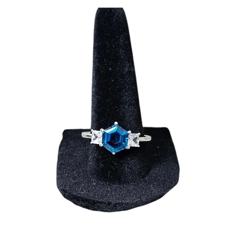 Silver Tone London Blue Topaz Hexagon Diamante CZ Ring New Size 9
